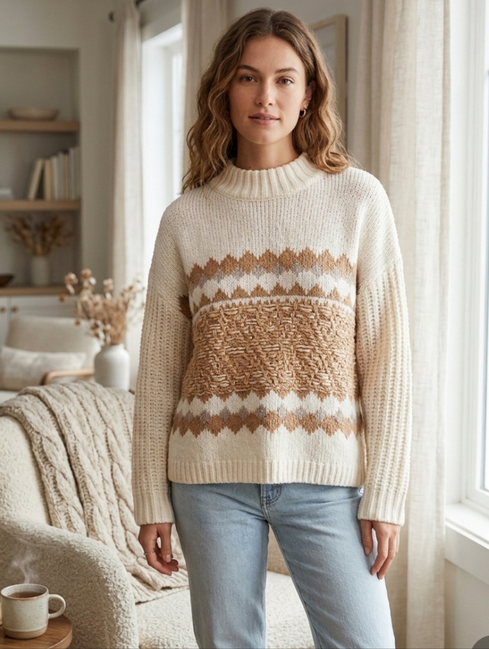 Knox Rose Soft Knit Sweater Geometric Mock Neck Cozy Preppy Classic